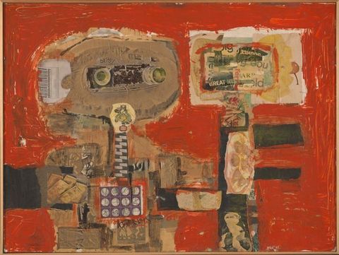 Mixed media. The head and torso of a robot-like form is collaged against a brick-red painted background. The robot is painted over in areas with pale brown. A rectangle on a pole to our right is collaged with snippets of words.