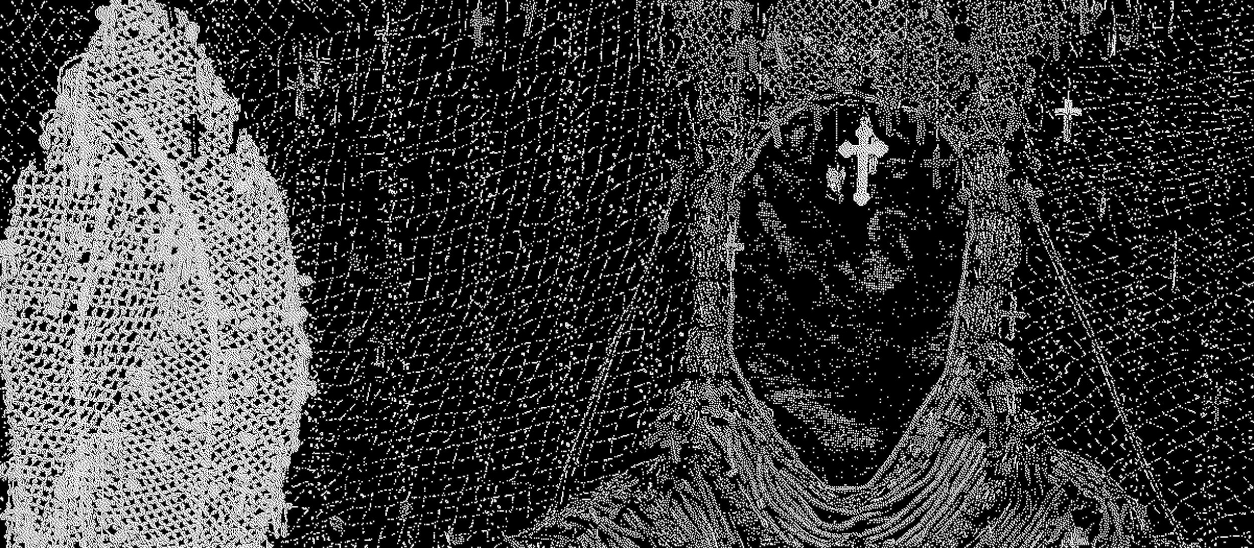 Mixed media. A red silhouette of a costume seems drawn in thread against a black background. The hood has three tall lobes. Tiny red crosses and a few sculptures hang all over the costume. A silvery grey object with a blade-like form above a circle is to the left.
